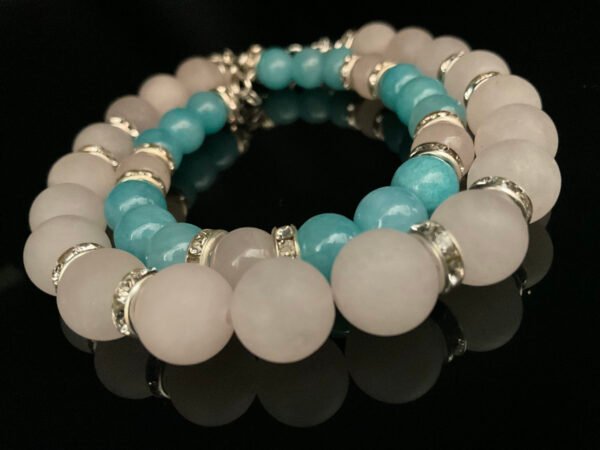 Rose Quartz bracelet with Aquamarine and Peach Jade bracelet